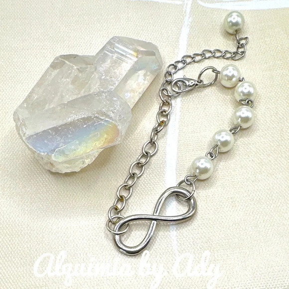Silver infinity knot pearls dainty rosary link chain adjustable bracelet - Picture 1 of 3